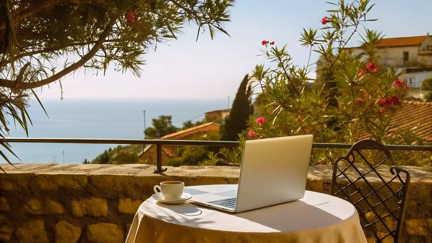 A laptop and espresso on a sea-view terrace