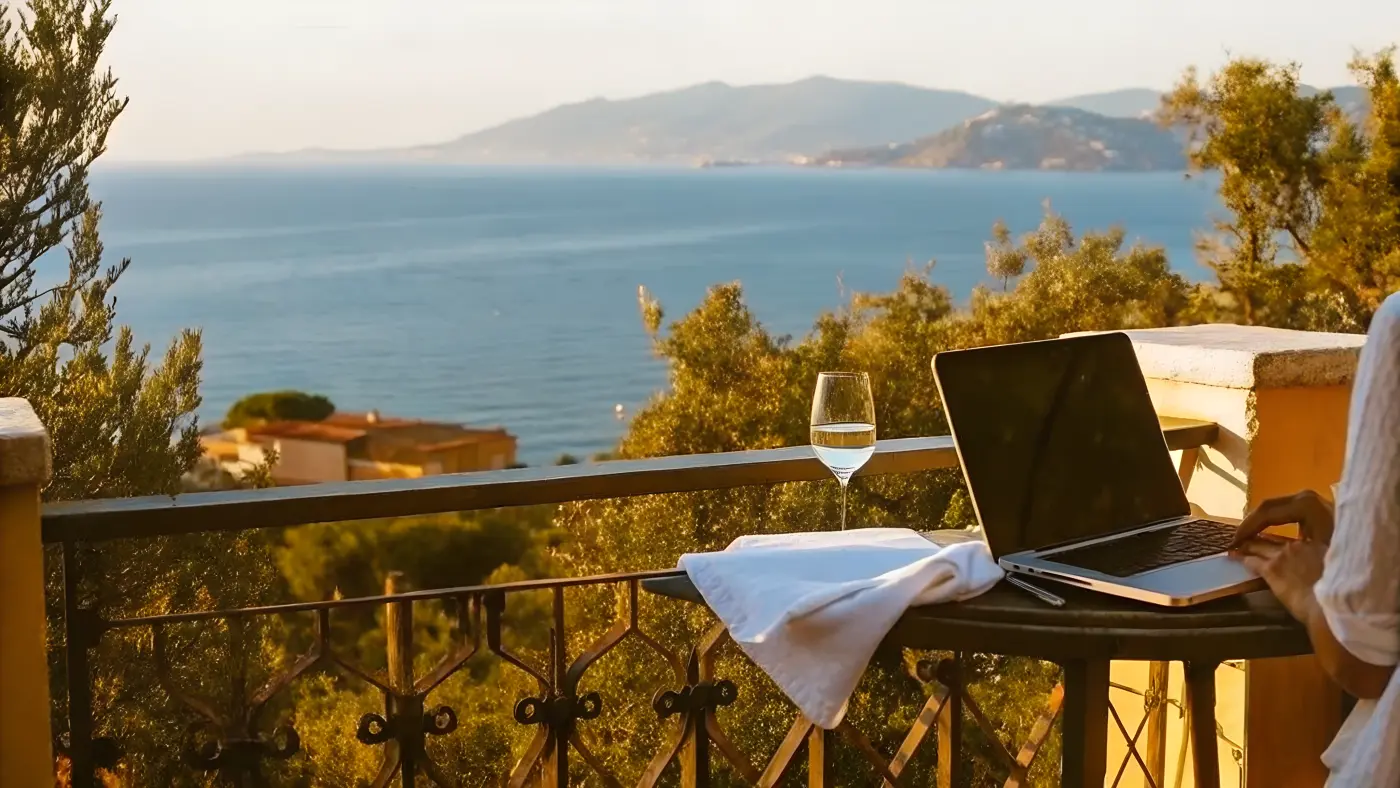 Working at golden hour on a sea-view balcony with a glass of wine