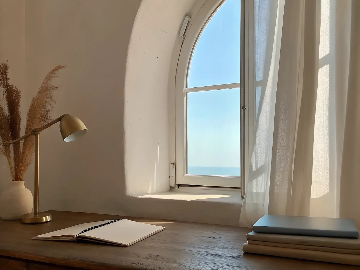 A writing desk by an arched sea-view window