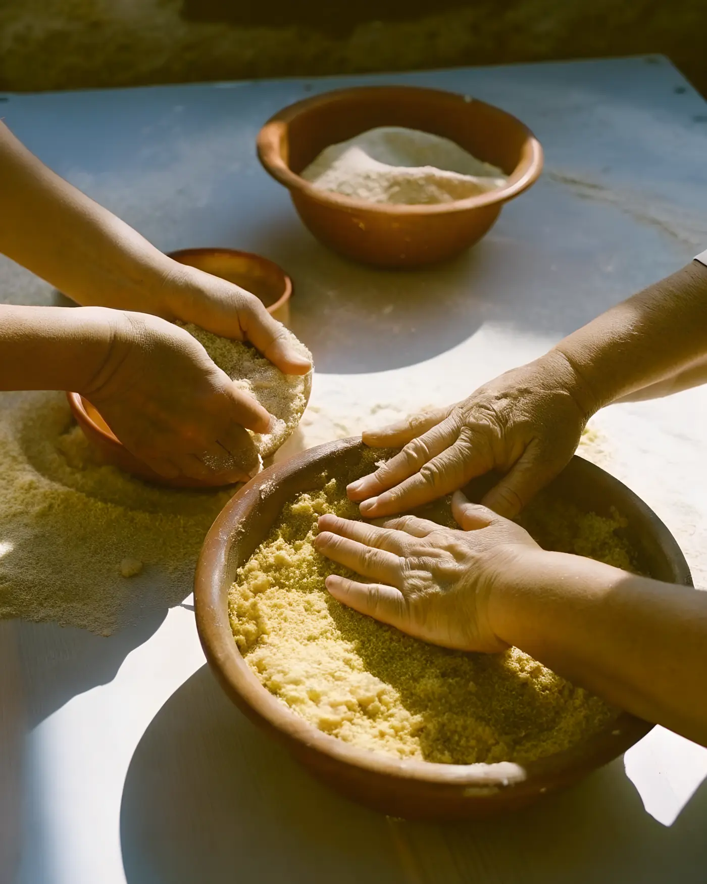 Hands making fresh pasta together in terracotta bowls