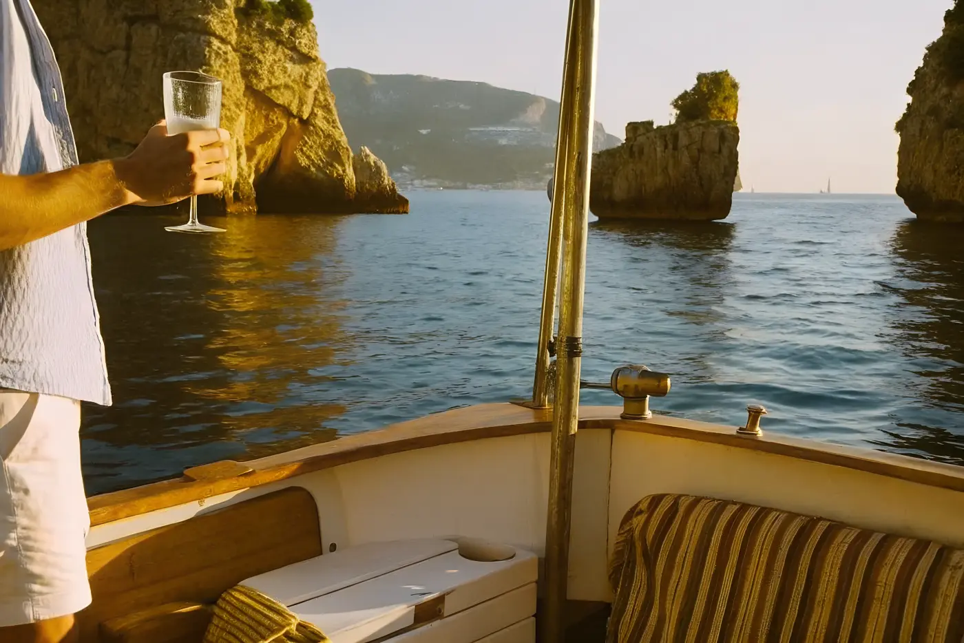Holding a glass of wine on a boat among the sea stacks