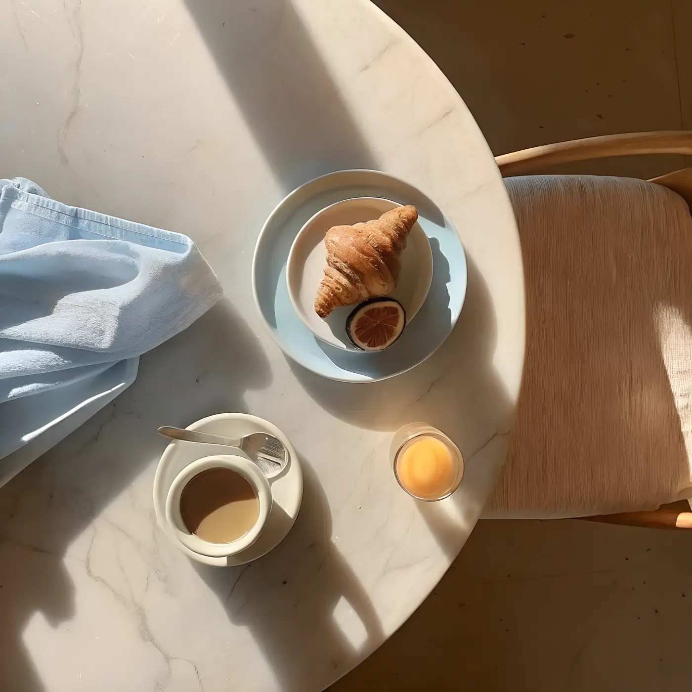 Breakfast of croissant, coffee and juice on a marble table
