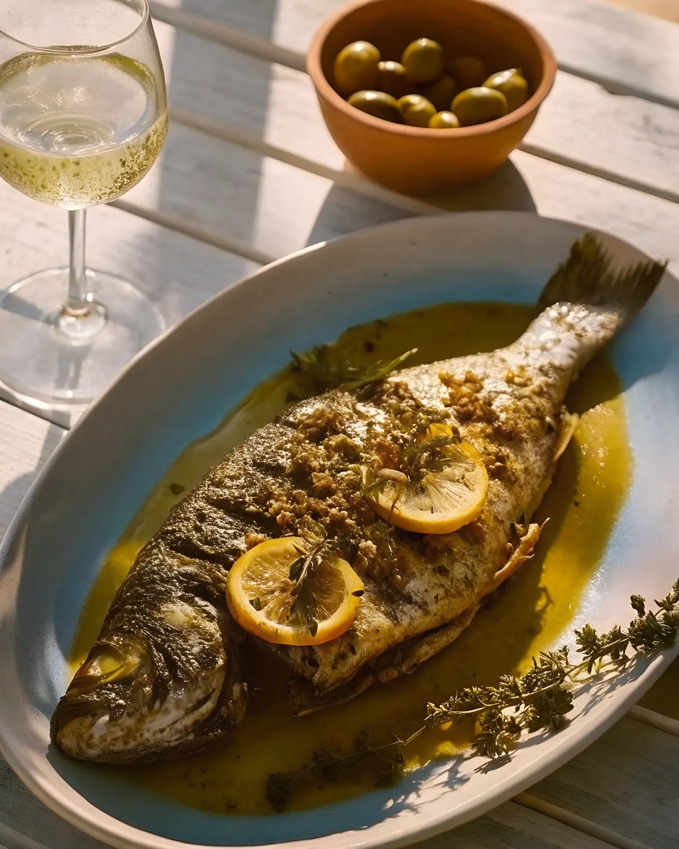 A whole roasted fish on a sunlit table