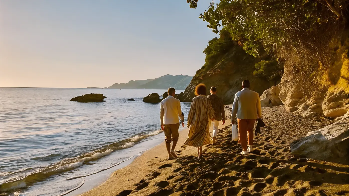 A small group walking the beach at golden hour