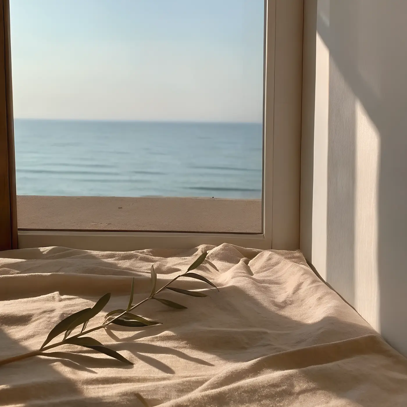 A linen-dressed bed by a sea-view window