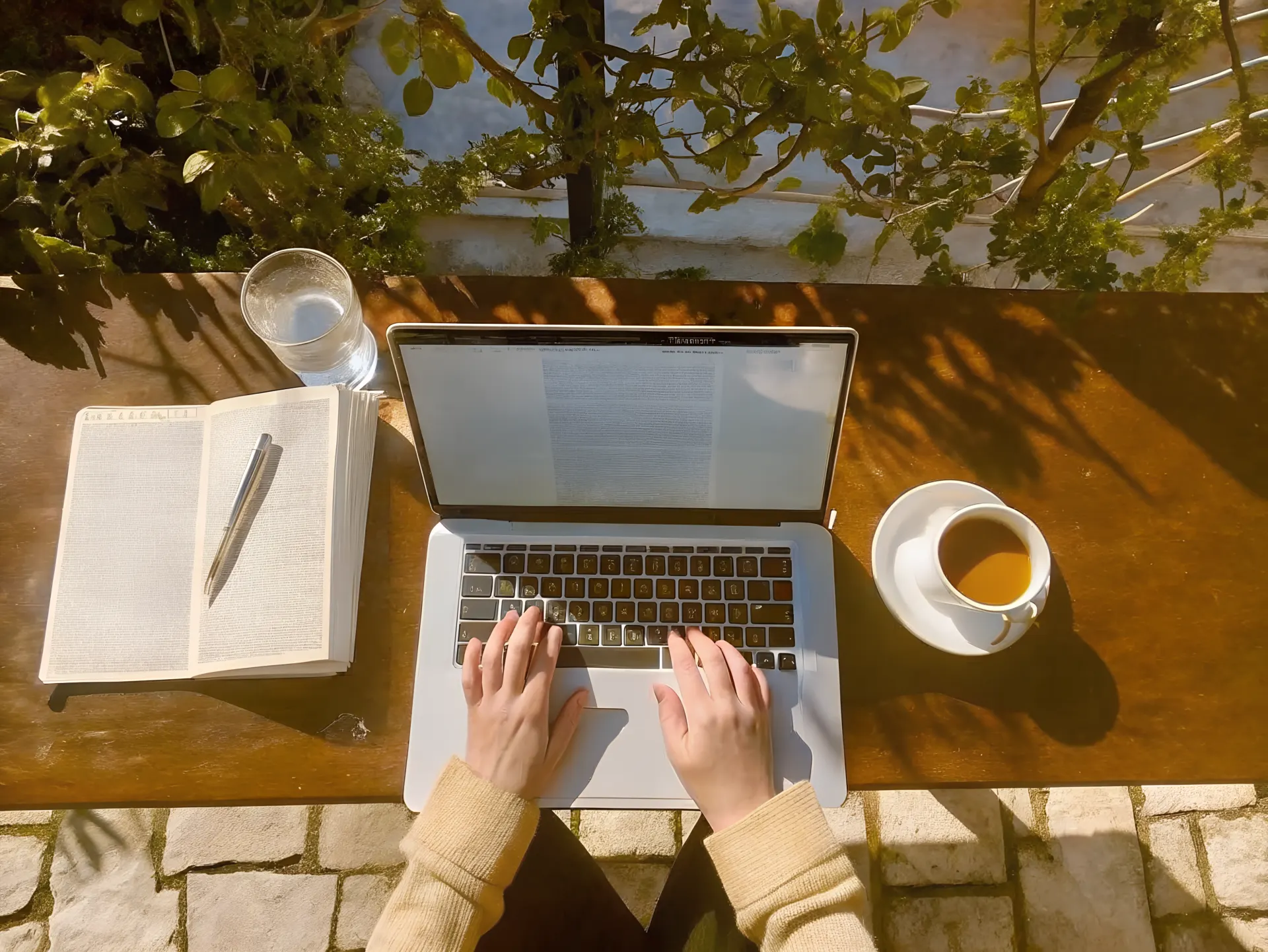 An open laptop in use, with coffee and a notebook on a sunlit terrace