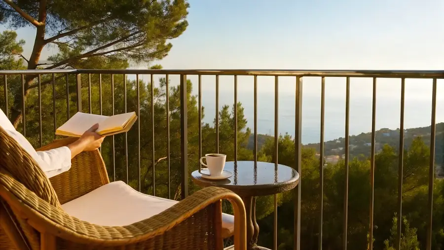 Reading on a sea-view balcony with coffee