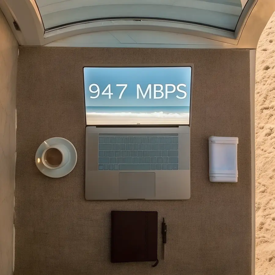 A laptop at work with a coastal view
